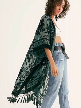 Free People Nightbird Velvet Kimono with Fringe
